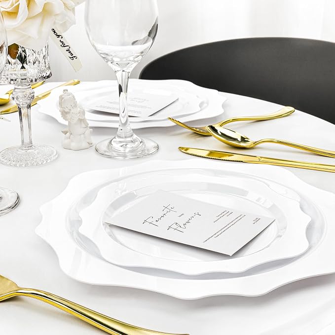 realluck 100 PCS White Disposable Plates for 50 Guests, Scalloped Plastic Plates Include 50 Dinner Plates and 50 Dessert Plates for Party, Wedding