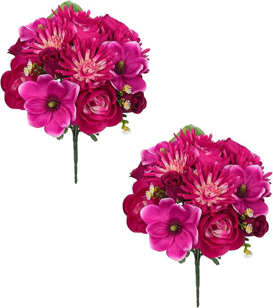 Briful Artificial Flowers Bouquet - 2 Pack Hot Pink Faux Silk Floral Arrangement Fake Magnolia Chrysanthemum Rose Mixed Flower for Home Office Room Vase Memorial Cemetery Outdoor Decor