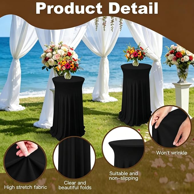 6 Pack Round Spandex Cocktail Table Tablecloth with Skirts, 32 x 43 Inch Black Spandex High Top Cocktail Table Covers, Stretch Fitted Round Cocktail Tablecloths for High Top Bar Party Wedding Banquet
