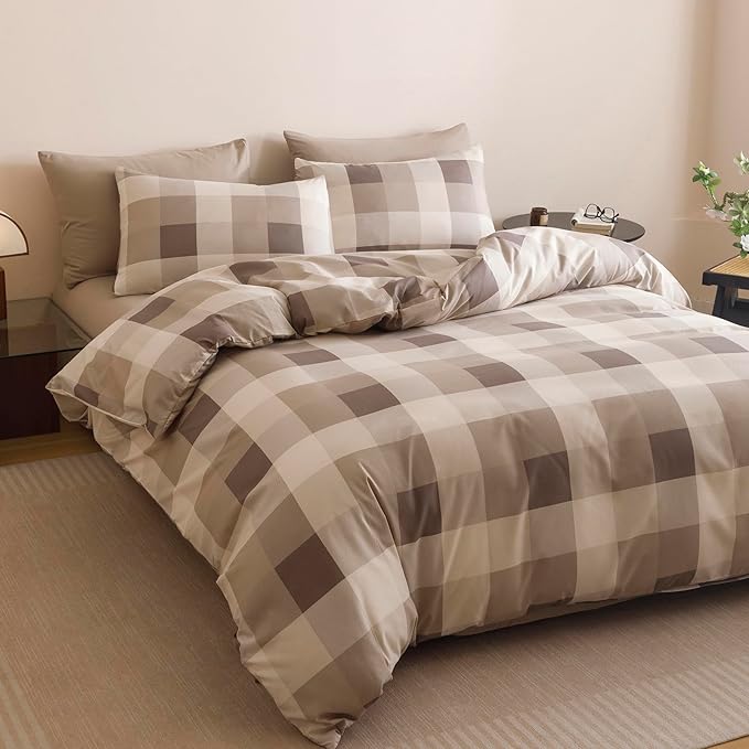 KAREVER Gingham Checkered Comforter King Khaki Plaid Bedding Set Boys Girls Colorful Grid Cottagecore Blanket King