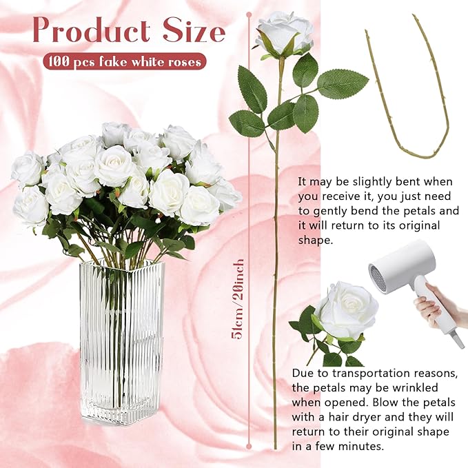 50 Pcs Artificial Silk Roses Flowers Bulk Realistic Long Stem Faux Flower Bouquet for Wedding Centerpieces, Valentine's Day Decor, Home Arrangements, Table Decorations(White)