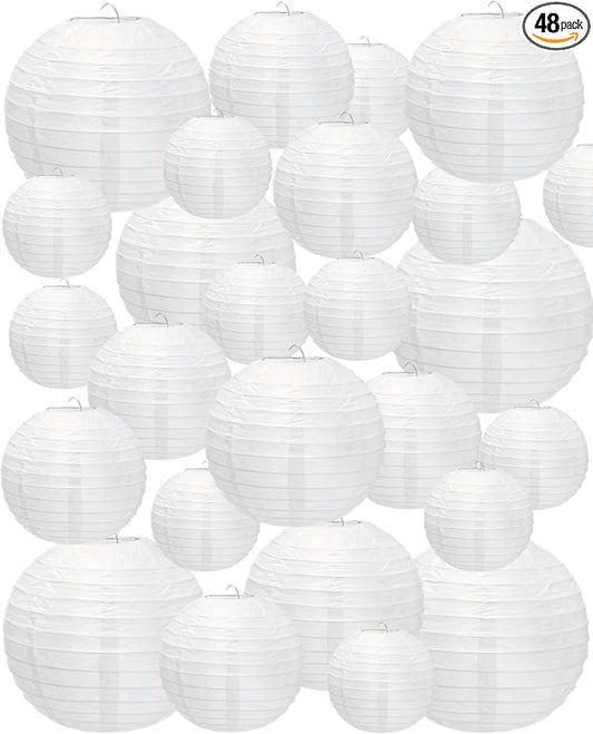 Treela 48 Pcs Paper Lanterns Party Decorations Chinese Round Paper Decor 4/6/8/10 Inch Asian Hanging Lamps Decorative for Graduate Wedding Birthday Party Bridal Parties Supplies(White)