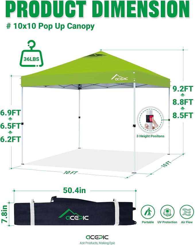 Acepic 10x10 Pop Up Canopy Tent,300D Silver-Coating Top,Pop Up Canopy Tent Instant Portable Shelter with 1-Button Push and Wheel Carry Bag, 8 Stakes and 4 Canopy Weights (Radiant Green, 10x10)