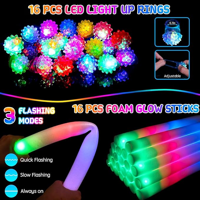 248PCS Glow in the Dark Party Supplies, Party Pack Bulk , 16PCS Foam Glow Sticks & LED Glasses, 16PCS LED Light Up Rings and 200PCS Glow Sticks for Neon Party Decorations, halloween party favors