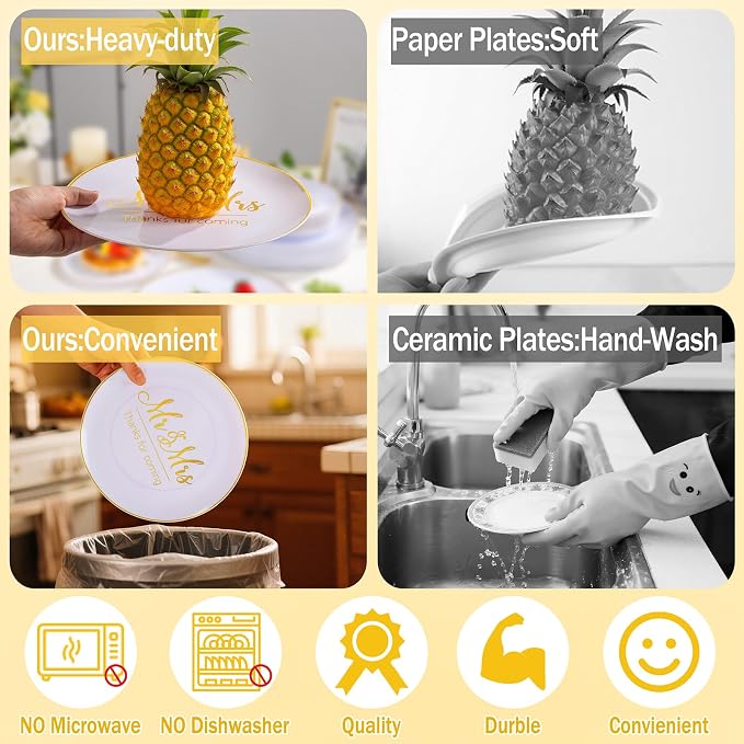 I00000 Mr and Mrs Wedding Plastic Plates and Napkins Set,Bridal Shower Plates Set for 25 Guests Include 25 Dinner Platos,25 Dessert Platos,25 Cups,25 Napkins,25 Gold Cutlery for Engagement Party Decor