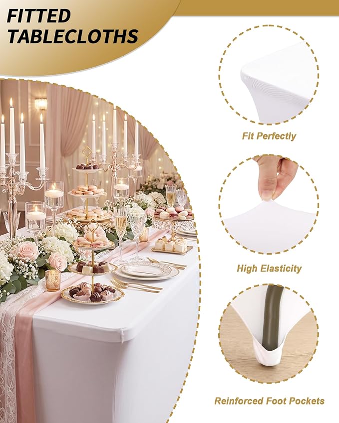Fixwal White Stretch Table Cloth Rectangle 2 Pack 4Ft, Spandex Fitted Table Covers Washable for Party, Trade Show, Banquet, Wedding, Buffet