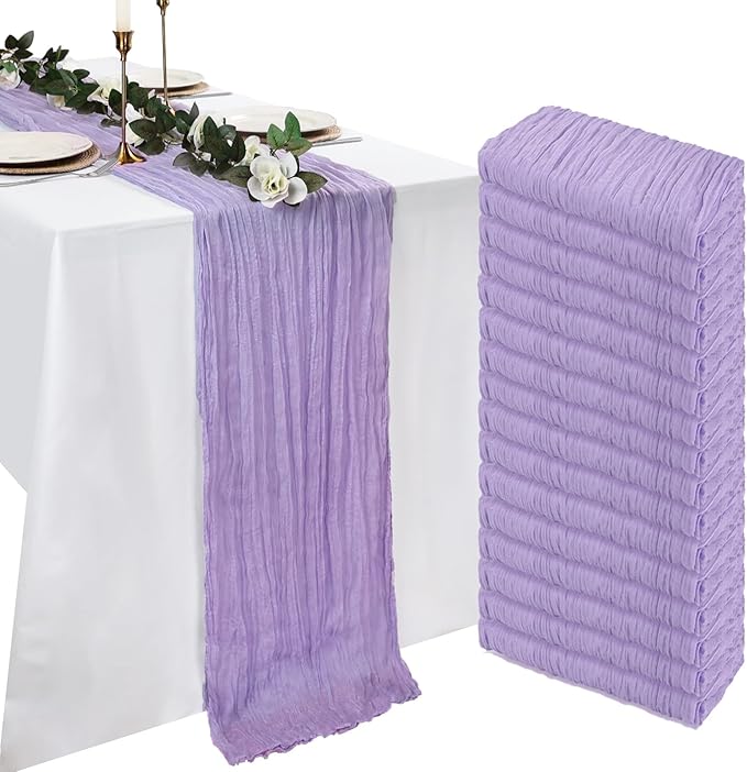 16 Pack Lilac Purple Cheesecloth Table Runner 10ft Boho Gauze Fabric 120 Inch Cheese Cloth Table Runner Rustic Sheer for Holiday Baby Shower Party Décor Home Wedding Decoration
