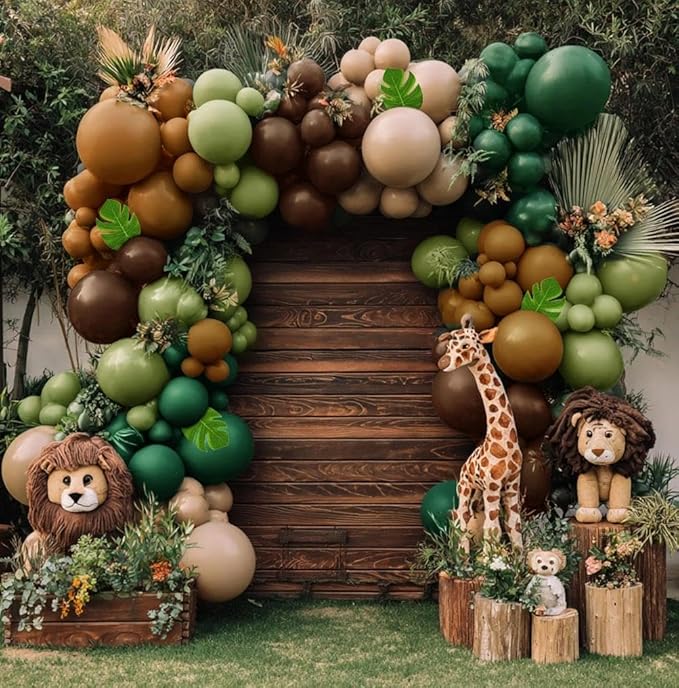 Dark Green Brown Balloon Arch Kit Double Stuffed Sage Green Nude Tan Apricot Balloon Garland with Palm Leaves for Baby Shower Safari Dinosaur Birthday Party Decoration