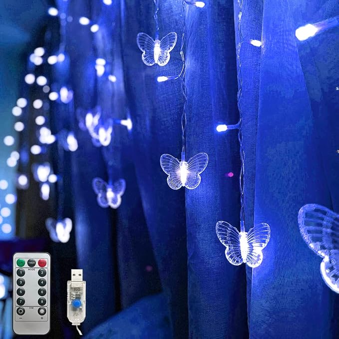 Butterfly Curtain Fairy Lights USB Plug in,8 Modes 120 LED 20FT Firefly Twinkle Timer String Lights with Remote, Waterproof for Bedroom Patio Christmas Wedding Party (Blue)