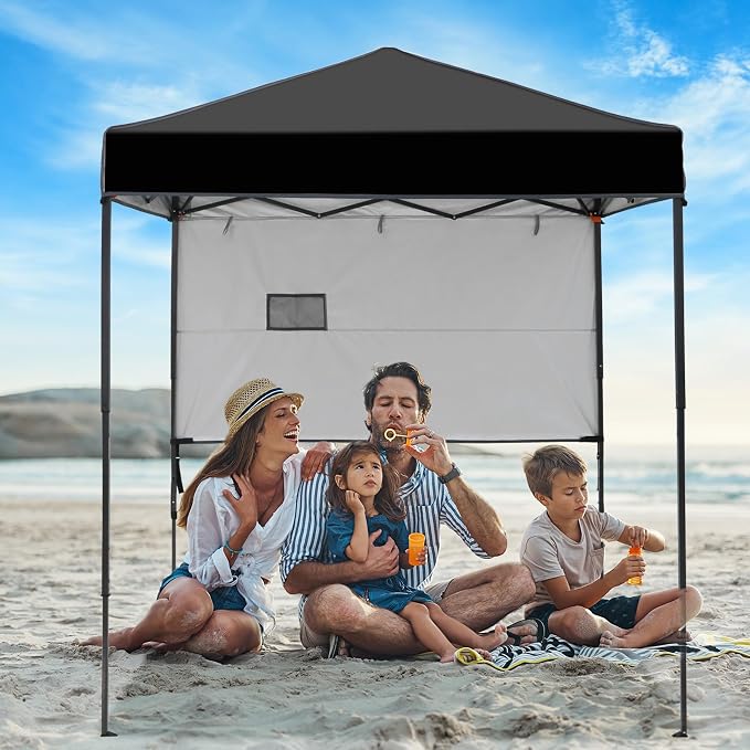 6x4 Pop Up Canopy Tent with Half Wall Panel, Instant Portable Beach Canopy, Outdoor Tent with Carry Bag for Camping, Sports, Tailgating, Events, Black
