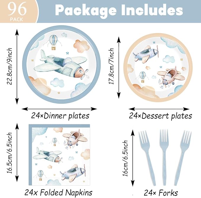 96Pcs Airplane Birthday Party Decorations Airplane Baby Shower Tableware Vintage Plane Plates Napkins Forks Disposable Aviation Theme Party Supplies for Baby Shower Kids Boys Girls Birthday Supplies