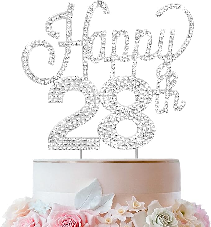LINGTEER Happy 28th Birthday Silver Rhinestone Cake Topper - Cheers to 28th Birthday 28 Years Old Anniversary Party Cake Centerpieces Topper Decorations Gift Sign.