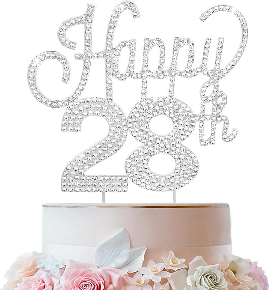 LINGTEER Happy 28th Birthday Silver Rhinestone Cake Topper - Cheers to 28th Birthday 28 Years Old Anniversary Party Cake Centerpieces Topper Decorations Gift Sign.