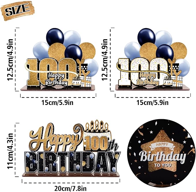 LINGTEER Happy 100th Birthday Gold Acrylic Table Topper Centerpieces Set - Cheers to 100 Years Old Birthday 100th Bday Party Gift Decorations.