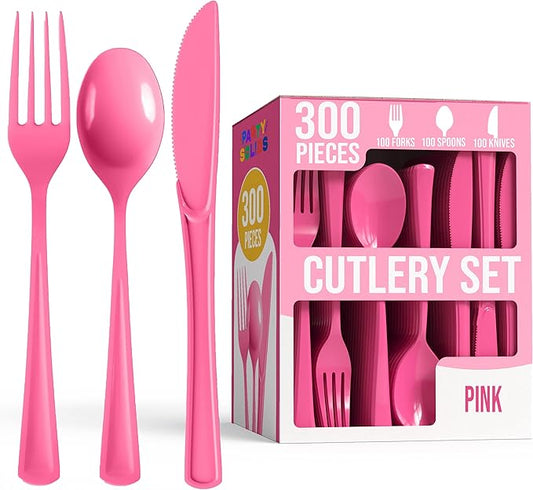 Party Solids Cerise Plastic Silverware Heavy Duty 300 Pieces Cerise Disposable Silverware Heavy Duty, Utensil Sets, 100 Of Each Forks, Knives & Spoons Disposable Cutlery Set For Party Supplies