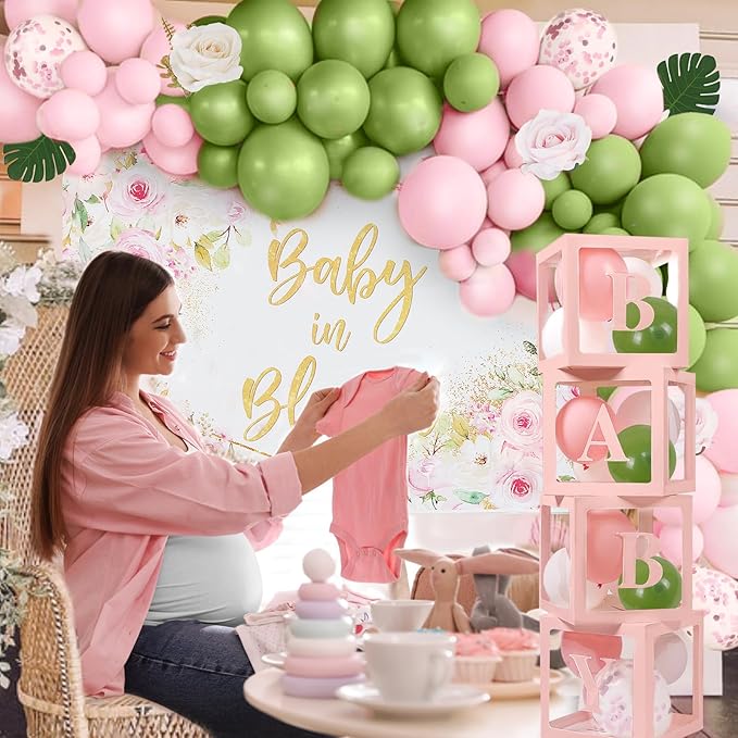 Baby in Bloom Baby Shower Decorations for Girl, Pink Sage Green Balloon Garland Arch Kit, Baby Boxes with Letters, Backdrop, Floral Baby Shower Decorations Birthday Party Decor