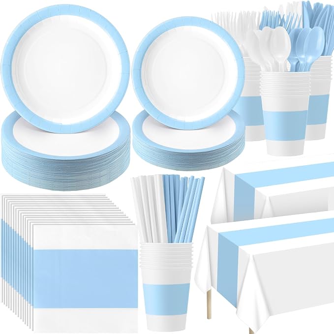 Funnymoom 452 Pcs Light Blue and White Party Supplies Serves 50 Guest, Baby Blue Paper Plates Cups Napkins Tablecloth Cutlery Straw Tableware Set for Baby Shower Birthday Wedding Party Decoration