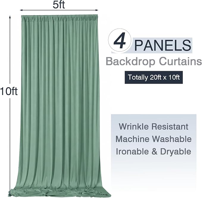 20ftx10ft Wrinkle Free Sage Green Backdrop Curtains for Parties, 4 Panels 5x10ft Silky Polyester Photo Backdrop Drapes Back Drop Cloth Drapery for Wedding Birthday Photography Background