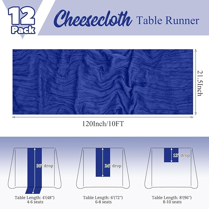 12 Pack Royal Blue Table Runners 10Ft Cheesecloth Table Runner Rustic Gauze Table Runner Romantic Long Sheer Fabric Cheese Cloth Table Runners for Wedding Party Bridal Baby Shower