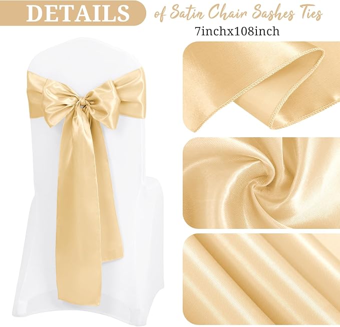 Pesonlook 120 PCS Champagne Satin Chair Sashes Bows Satin Chair Sashes Universal Chair Cover for Wedding Reception Restaurant Event Decoration Banquet,Party,Hotel Event Decorations (7 x 108 inch)