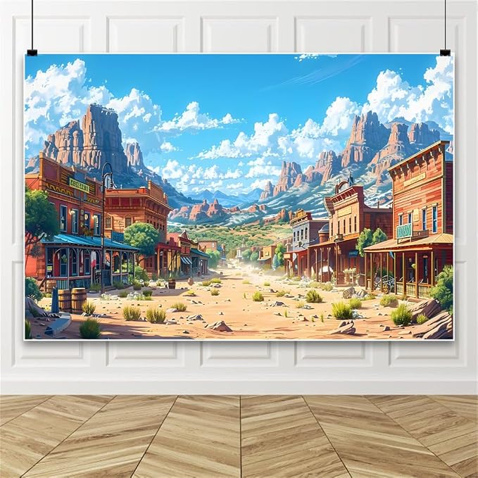 Western Backdrop 8x8ft for Western Party Decor&Photography | Thicker Vinyl Clear Image Cartoon Wild West Desert Cowboy Town for Large Western Theme Birthday Party Camping Wedding Decor
