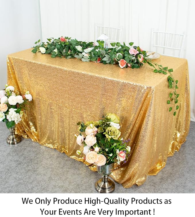 ShiDianYi Rectangular Tablecloth - Gold 90x132-Inch Sequin Overlay - Wedding, Birthday & Promotion Reception Decoration