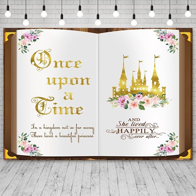 5x4ft Once Upon a Time Backdrop Fairy Tale Book Princess Castle Happily Ever After Floral Storybook Background for Birthday Wedding Baby Shower Bridal Shower Party Decor Photo Booth Props