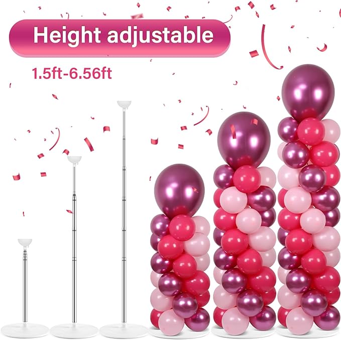 2 Sets Pink Balloon Column Stand Kit with 100 Balloons Adjustable Balloon Tower Stand with Bases for Floor Hot Pink Column for Girls Graduation Mother's Day Birthday Wedding Spring Party Decor