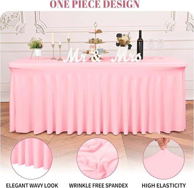 fani 6 Packs Pink Stretch Table Skirts for 6 Foot Rectangle Table, Washable Spandex Stretch Tablecloths with Skirt, Wrinkle Resistant Fitted Tablecover for Wedding Party Banquet