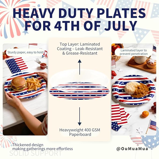 OuMuaMua 100 Pcs American Flag Patriotic Party Supplies, 12"x10" Oval Red White and Blue Paper Plates and Napkins Set, Heavy Duty Disposable Dinnerware for 4th of July, Independence Day, Veterans Day
