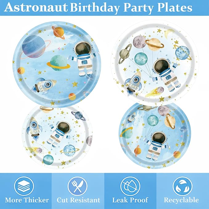 222Pcs Space Themed Party Decorations, Birthday Tableware Set | 2-design plates, cups, napkins, cutlery, foil balloons, tablecloth & stickers for 24 guests