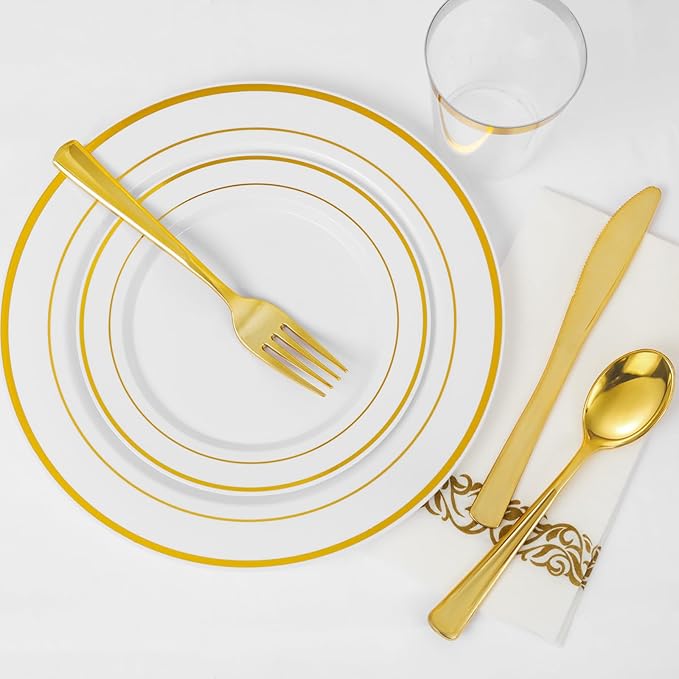 Supernal 102pcs White and Gold Plastic Plates,Disaposable Plates Heavy duty,Fancy Gold Plastic Dinnerware Set included 51 Dinner & Dessert Plates for Valentine's Day Mother's Day and Easter