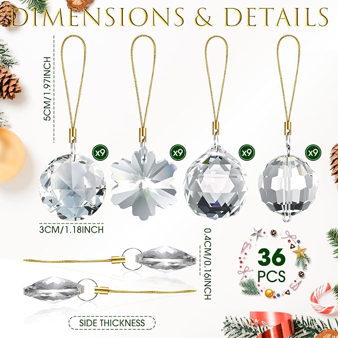 XunYee 36 Pcs Crystal Glass Christmas Balls Ornaments, 1.18" Mini Hanging Crystal Prism Xmas Tree Decorations Pendants for Home Wedding Birthday Party Holiday Decorations(Clear Color,Mixed Styles)