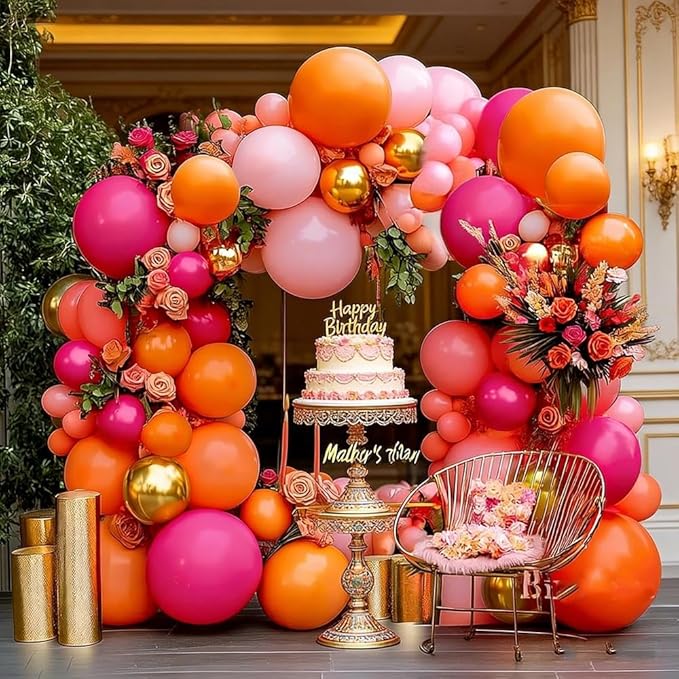 Pink Orange Balloon Garland Double Stuffed Hot Pink Orange Gold Metallic Pastel Balloon Arch Kit for Birthday Baby Bridal Shower Wedding Mother's Day Tropical Party Decorations