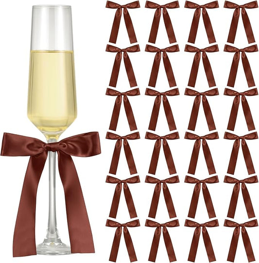 Jingmore 24 Pack Bows for Champagne Glasses Candle Holder 6.7 x 4 Inch Bow Drink Tags Wine Glass Candlestick Ribbon Self Adhesive Name Marker for Wedding Anniversary Party Gift Decor(Brown)