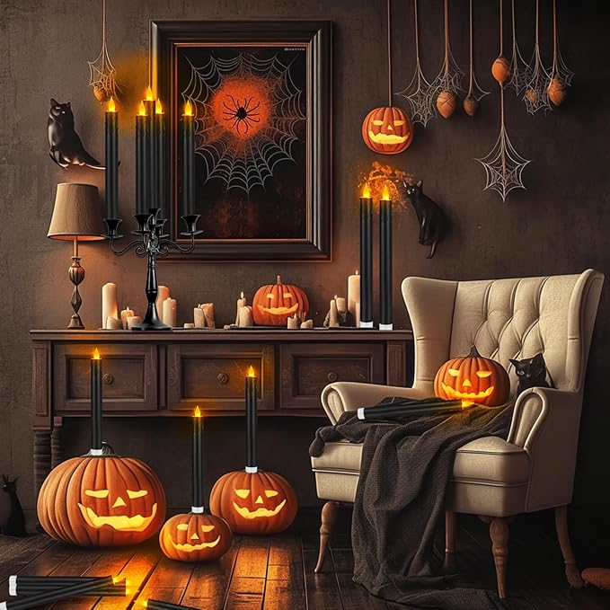 wemarry Flameless Taper Candles 10.6" Dripless Battery Operated Taper Candles Included Remote Timer 400+ Hours by 2AA Batteries for Halloween Christmas Wedding (Black, 24 Pack)