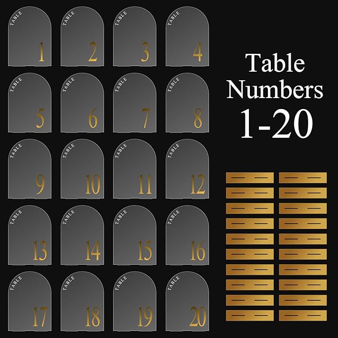 AceOrbit Clear Wedding Table Numbers 1-20 with Stands 5" x 7" Clear Acrylic Wedding Signs with Holder Modern Arch Numbered Signage Tabletop Reception Sign for Anniversary, Banquet, Event Decor