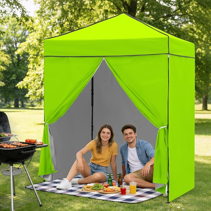 6x4 Pop Up Canopy Tent with Four Wall Panels, Instant Portable Beach Canopy, Outdoor Tent with Carry Bag for Camping, Sports, Tailgating, Events, Neon Green