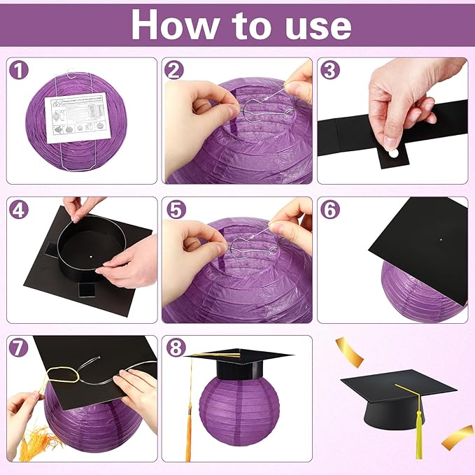 Gilprop 15 Pcs Black and Purple Graduation Decoration 2026 Paper Lanterns Graduation Party Decorations Hanging Round Paper Lanterns with Black Grad Hat Tassel for Congratulation Grad Decorations