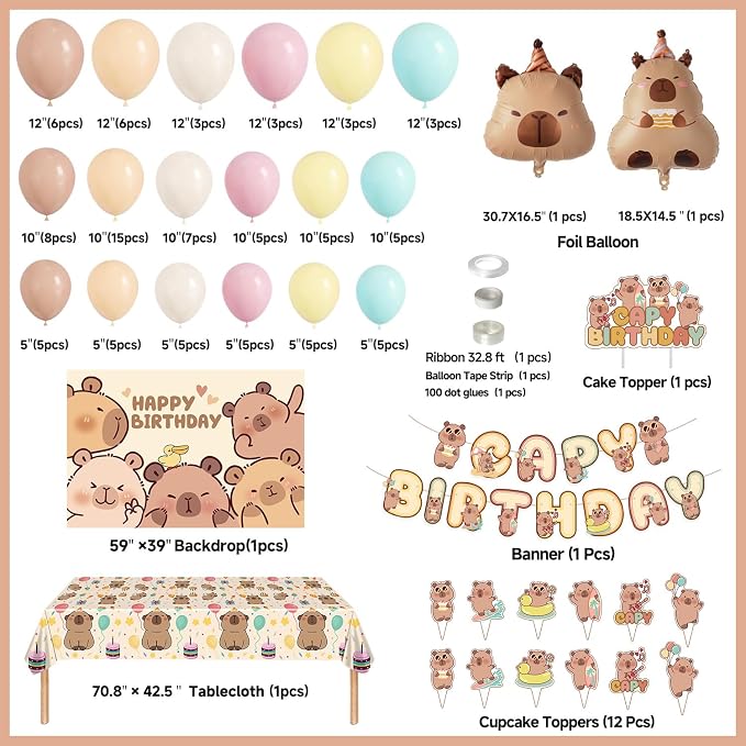 Capybara Birthday Party Decorations - 99pcs Balloons Garland Kit, Capybara Backdrop, Capy Birthday Banner, Tablecloth, Foil Balloons, Capybara Cake and Cupcake Toppers
