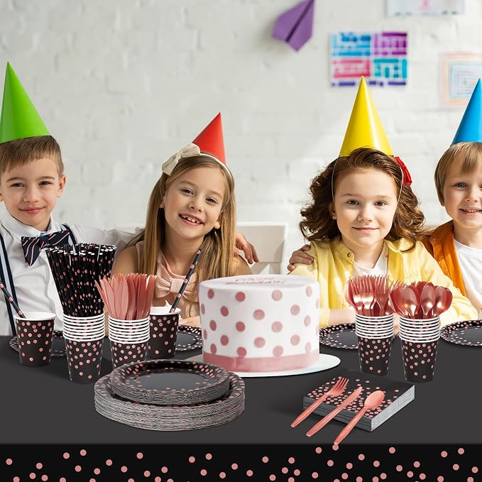 Nkaiso Paper Plates and Napkins Set, 193 Pieces Black and Rose Gold Party Supplies Includes Paper Plates Cups Napkins Straws and Cutlery for Birthday Wedding Holidays Parties Decorations-24 Guests