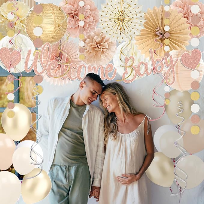 Champagne-Gold Baby Shower Decorations For Girl,65pcs Beige Fall Boho Party Décor with Netural Balloon,Welcome Banner,Sweet Peach Paper Fan Lanterns Pom Poms,Baby-Girl Party Favors Rustic Backdrop