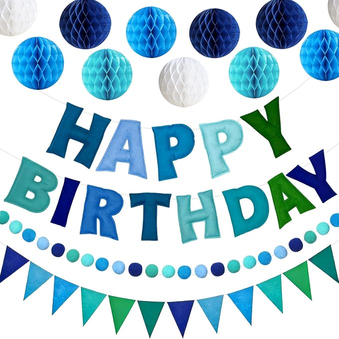 Pre-Strung Happy Birthday Decor Blue, 3D Felt Birthday Banners Poms Pom Fabric Party Garland, Felt Pennant Flat, with 10PCS Honeycomb Balls, Blue Reusable Party Celebration Decorations