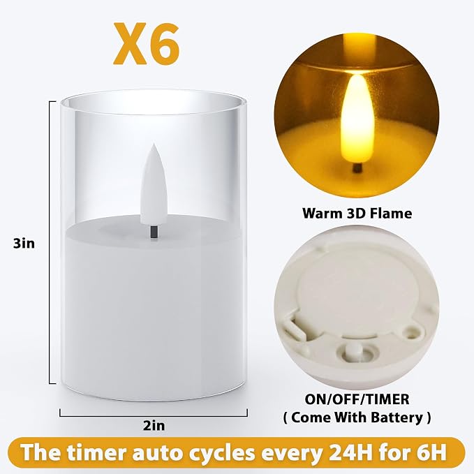 VIODAIM 6Pack Flickering Flameless LED Candles with Timer, Battery Powered - Small Pillar & Votive, Clear (2"X3")