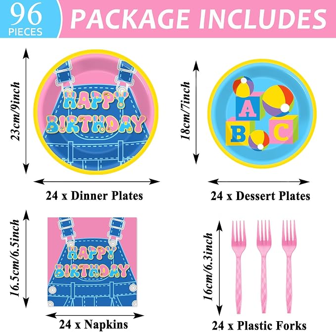 96 Pcs Girls Party Decorations Cartoon Teacher Plates and Napkins Happy Birthday Tableware Set Decor Supplies for Birthday Baby Shower Girl Cartoon Party Favors for 24 Guests