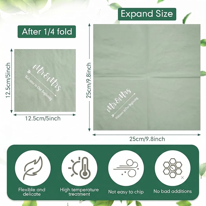 Teling 400 Pcs Wedding Napkins for Reception, 3 Ply Mr Mrs Wedding Cocktail Napkins for Engagement Bridal Shower Party Supplies Beverage Dessert Table Decorations(Sage Green)