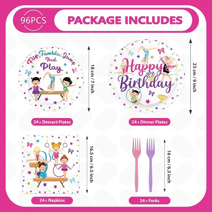 96Pcs Gymnastics Birthday Party Decoration Sports Theme Gymnasts Plates and Napkins Flip Jump Tumble and Play Tableware Set for Girls Gymnastic Birthday Baby Shower Party Supplies Serves 24