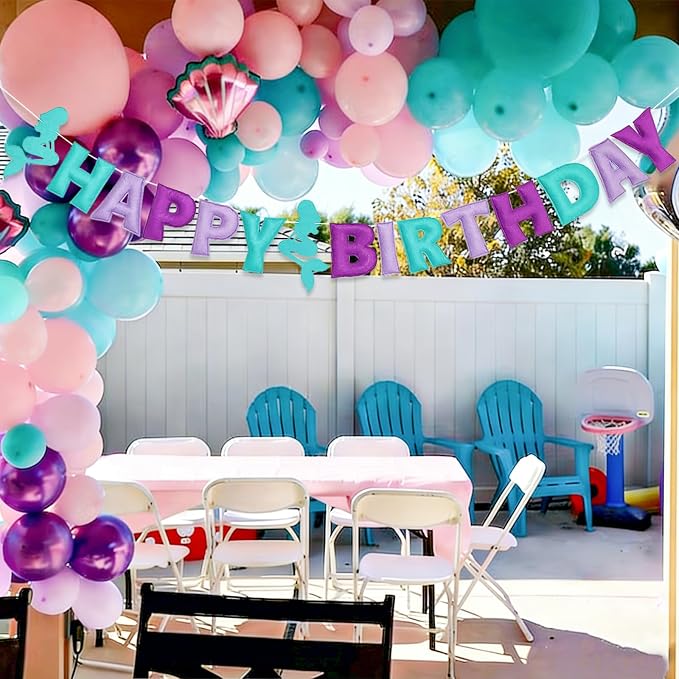 Pre-Strung Mermaid Happy Birthday Banner, Under The Sea Theme Party Decorations, HAPPY BIRTHDAY Garland with Exquisite Mermaid Design, Personalized Festival Sign for Baby Girls Party Decor, Photo Prop