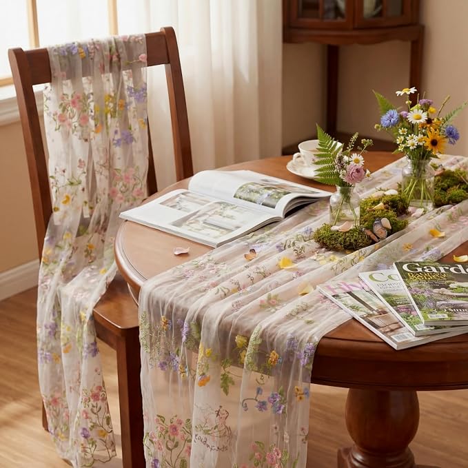 Ivory White Floral Table Runner 10ft Embroidery Tulle Spring Wildflower Table Runner Seasonal Summer Butterfly Kitchen Dining Gauze Decoration for Wedding Baby Shower Birthday Party (3 Pcs)