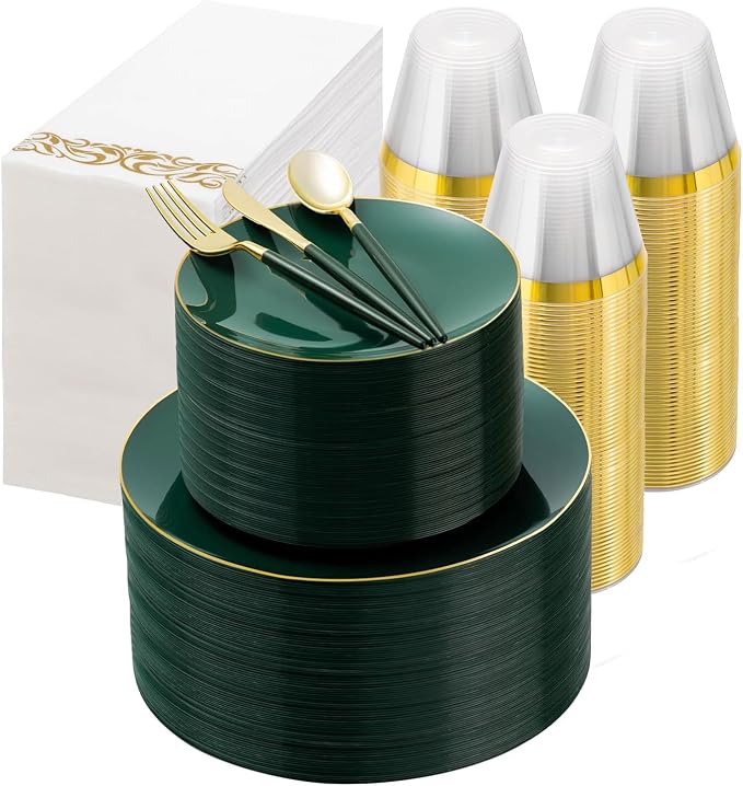 700 PCS Green Plastic Dinnerware Set, Green and Gold Rim Disposable Plates for Party, Include 200 Green Plates with 300 Plastic Cutlery, 100 Napkins and 100 Cups